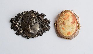 Art Nouveau Silver Figural Brooch and a 14K Gold Cameo Brooch