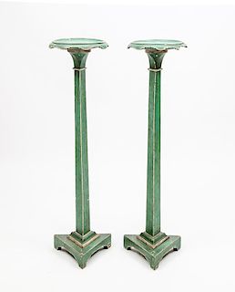 Pair of Continental Green Painted Torchères