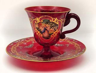 Bohemian Ruby Red Hand Painted Cup & Saucer