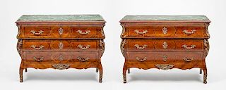 Pair of Louis XV Style Gilt-Bronze-Mounted Kingwood and Mahogany Parquetry Commodes, 20th Century