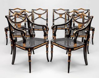 Eight Regency Style Ebonized and Parcel-Gilt Dining Chairs