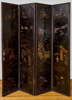 Dutch Brass-Mounted Four-Panel Painted Leather Screen