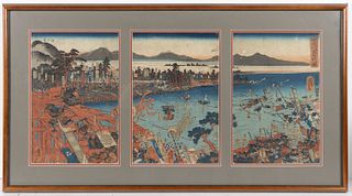 UTAGAWA YOSHITORA (JAPANESE, ACTIVE C. 1836-1887) BATTLE SCENE WOODBLOCK PRINT TRIPTYCH