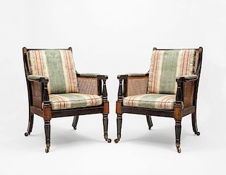 Pair of Regency Style Ebonized and Caned Armchairs