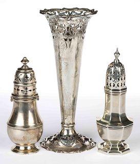 ENGLISH STERLING SILVER MUFFINEERS AND BUD VASE, LOT OF THREE