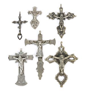 ANTIQUE AND VINTAGE SILVER AND OTHER METAL CRUCIFIX / CRISTO PENDANTS, LOT OF SIX
