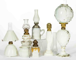 ASSORTED PATTERNED OPAQUE GLASS MINIATURE LAMPS AND RELATED LIGHTING, LOT OF SEVEN,
