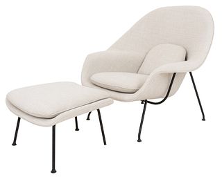 Eero Saarinen (Finnish, 1910-1961) for Knoll International Mid-Century Modern "Womb" chair and stool, designed 1948, of typical form, recently upholst