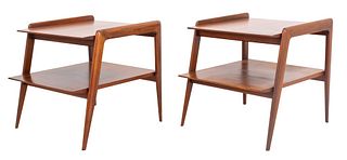 Pair of Gio Ponti (Italian, 1891-1979) for M. Singer & Sons end tables, model number 2166, circa 1960s, each in walnut with two tiers, with square top
