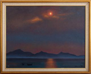 Petr Pavlovich Ossovsky (Russian, born Ukraine, 1925-2015) lakescape oil painting on canvas, 1990, depicting a landscape scene of a sunset on a lake w