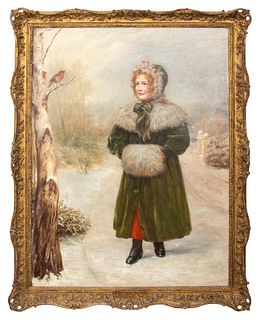 Samuel Sidley, R.B.A. (1829-1896) "A Winter Song" oil painting on canvas, 1896, depicting a young girl in a snowy road, smiling at a singing red-breas