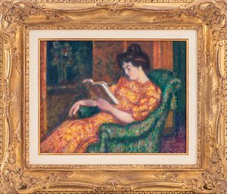Georges Lemmen (Belgian, 1865-1916) "Femme a la Lecture" oil painting on panel depicting an interior scene of a woman seated in a green armchair and r