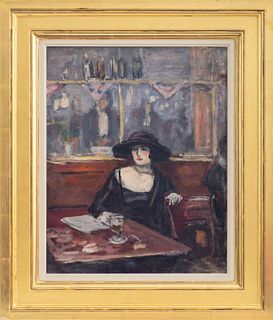 Albert Andre (French, 1869-1954) "Woman at Cafe Table" oil painting on canvas depicting a cafe interior scene centering on a woman dressed in black, s