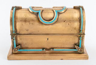 Tiffany, Reed and Company gilt bronze and enamel casket, circa 1850-1853, the domed lid with raised quatrefoil detail inlaid with robin's egg blue ena