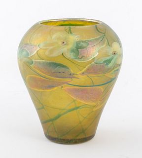 Louis Comfort Tiffany (American, 1848-1933) iridescent favrile and millefiori glass vase of ovoid form, the gold favrile body of the vessel decorated 
