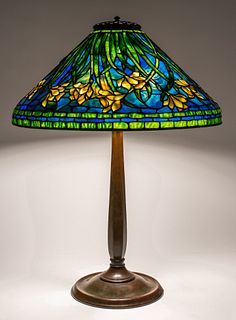 Tiffany Studios "Daffodil" Art Nouveau table lamp designed by Clara Driscoll, leaded glass and bronze, the shade impressed "Tiffany Studios New York 1
