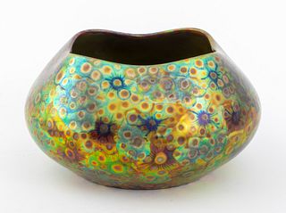 Zsolnay Pecs iridescent glazed ceramic art pottery vase, circa 1900, of low ovoid vessel with a softly squared lip, decorated with an allover stylized