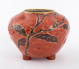 Emile Galle (French, 1846-1904) footed ceramic art pottery vase with gilt, of textured, freeform globular shape and raised on three short cylindrical 