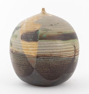 Toshiko Takaezu (American, 1922-2011) Studio Art Pottery ceramic closed form vessel with rattle inside, with multiple polychrome neutral blue gray gla
