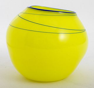 Dale Patrick Chihuly (American, b. 1941) hand-blown art glass basket bowl in yellow with blue lip and string banding, signed and inscribed "PP02" to u