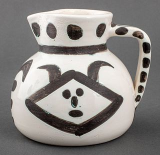Pablo Picasso (Spanish, 1881-1973) "Tete de Faune" [Fawn's Head] Art Pottery ceramic handled pitcher jug with unglazed black geometric and figural des