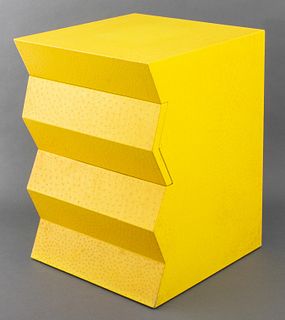Karl Springer (German/American, 1931-1991) yellow ostrich skin lacquered side or accent table with zigzag form front and one drawer, apparently unsign