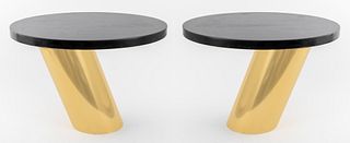 Pair of Karl Springer (German/American, 1931-1991) Postmodern brass and leather top cantilever end tables, both signed underneath "Karl Springer 1990"