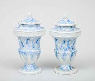 Pair of Italian Marbleized Pottery Campani-Form Urns and Covers