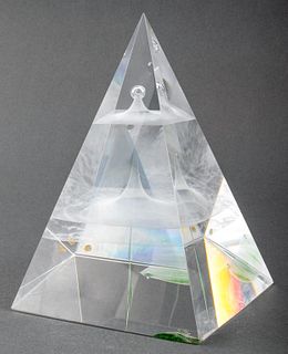 Steven Weinberg (American, b. 1954) "Evergreen Pools" Studio Art Glass sculpture depicting a colorless glass pyramid with encased green glass and a bu