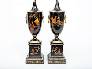 Pair of Charles X Style Tôle Peinte Chinoiserie Urns, Mounted as Lamps
