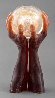 Kate Vogel (American, b. 1956) and John Littleton (American, b. 1957) "Old Seeker" Studio Art Glass sculpture depicting two cast amber glass hands hol