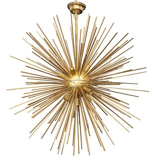 Italian Mid-Century Modern brass sputnik chandelier, the sun or starburst form with ten light bulb fittings. 44" H x 35" diameter.