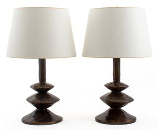 Pair of after Alberto Giacometti (Swiss, 1901-1966) patinated bronze table lamps with three stacked disks creating an accordion form, each with two li