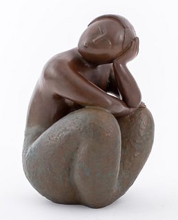 Eng Tay (Malaysian/American, b. 1947) "Pensive" bronze sculpture depicting a seated nude female figure, her bottom half in verdigris bronze, signed an
