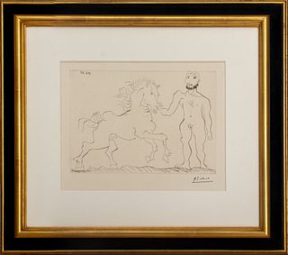 Pablo Picasso (Spanish, 1881-1973) "Homme Nu Debout avec Cheval" drypoint depicting a nude male figure with a horse, stamped signature lower right, 