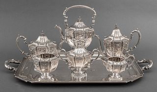 William B. Durgin Gilded Age Regence Revival seven piece tea and coffee service, retailed by Bailey, Banks and Biddle of Philadelphia, circa 1900, com
