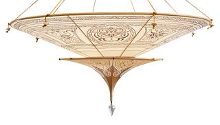 Fortuny two-tiered silk hanging pendant lamp in the "Scheherazade" pattern with gilt paint, the light terminating in a hand-blown glass drop pendant. 