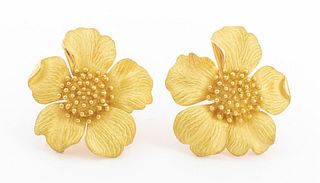 Tiffany & Company 18K yellow gold cherry blossom clip earrings, brightly polished and sandblasted, designed as cherry blossom flowers, worn on earlobe