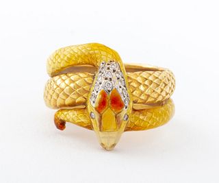 Masriera 18K yellow gold, enamel, and diamond snake ring, designed in the Art Nouveau Revival style, featuring textured, brightly polished and enamele