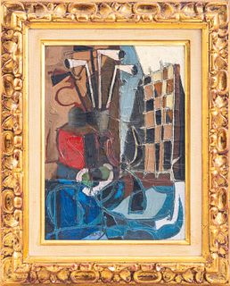 Claude Venard (French, 1913-1999) oil painting on canvas depicting a Cubist still life scene with straws, signed lower left, housed in a gessoed g