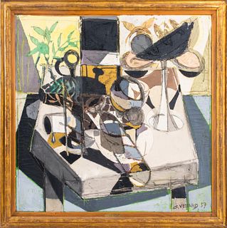 Claude Venard (French, 1913-1999) "La Cloche a Fromage" [The Cheese Bell] oil painting on canvas depicting a Cubist still life scene, 1957, signed and