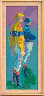 LeRoy Neiman (American, 1921-2012) oil painting on board depicting two standing jockey figures in pastel tones, signed lower left, housed in a wood fr