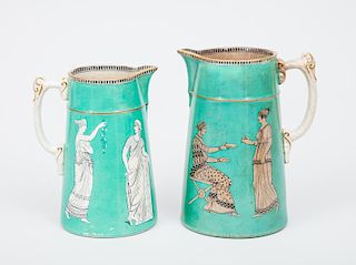 Two English Transfer-Printed Pottery Green-Ground Graduated Pitchers