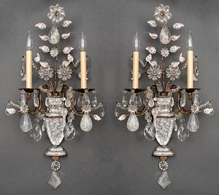 Pair of Maison Bagues French rock crystal wall sconces, each with two candlestick-form lights emanating from vase-form bases with silver leaf backs, l