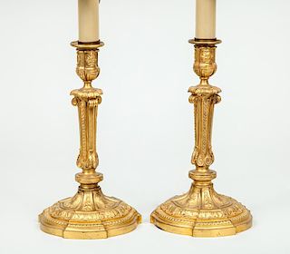 Pair of Régence Style Gilt-Bronze Candlesticks, Mounted as Lamps