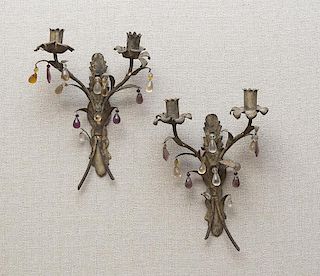 Pair of Painted Metal Two-Light Sconces with Pendant Drops