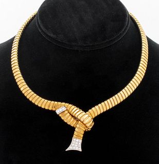 Italian 14K yellow gold tubogas diamond necklace, brightly polished, designed in the tubogas style, featuring 14K white gold terminal ends, adorned wi