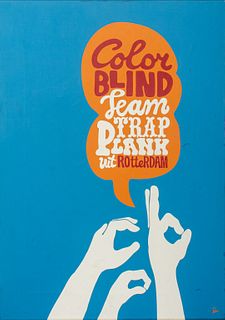 Piet Parra / Pieter Janssen (Dutch, b. 1976) "Color Blind" screenprint in colors on canvas depicting a Post-Pop composition with hands and a text bubb