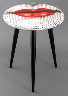 Piero Fornasetti (Italian, 1913-1988) black and white lacquered wood Bocca stool featuring the red lips of Lina Cavallieri (Italian, 1874-1944), upon 