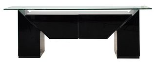 Luigi Gorgoni for Roche Bobois French postmodern black lacquer buffet and bar cabinet, 1980s, the canted and angled supports flanking a truncated tria
